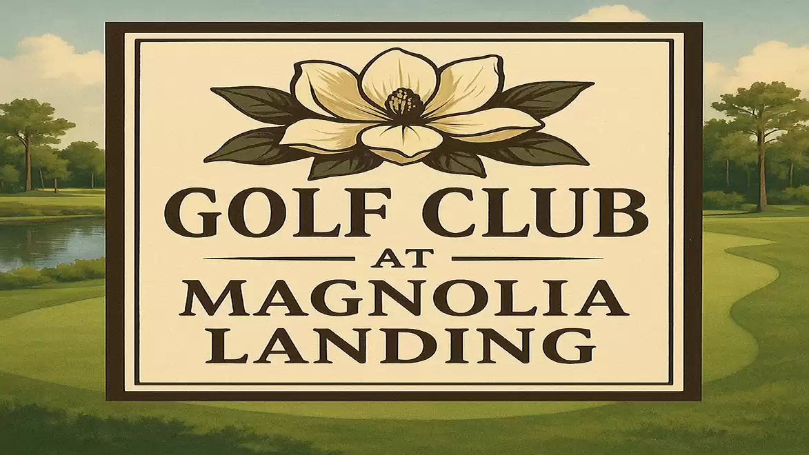 Sign of the Golf Club at Magnolia Landing featuring a large magnolia blossom motif and a green golf course landscape in the background.