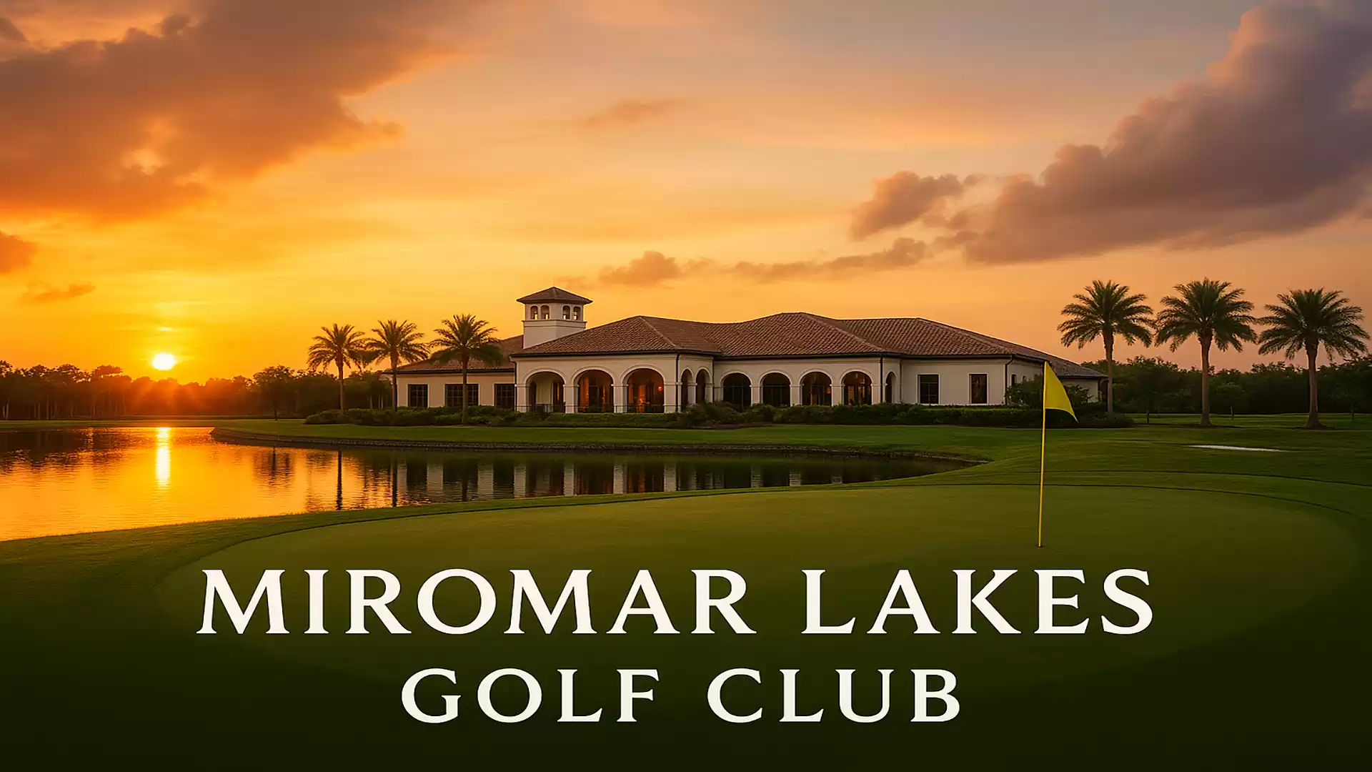 Sunset at a golf course with a building in the background, surrounded by palm trees and a lake. Text reads MIROMAR LAKES GOLF CLUB.
