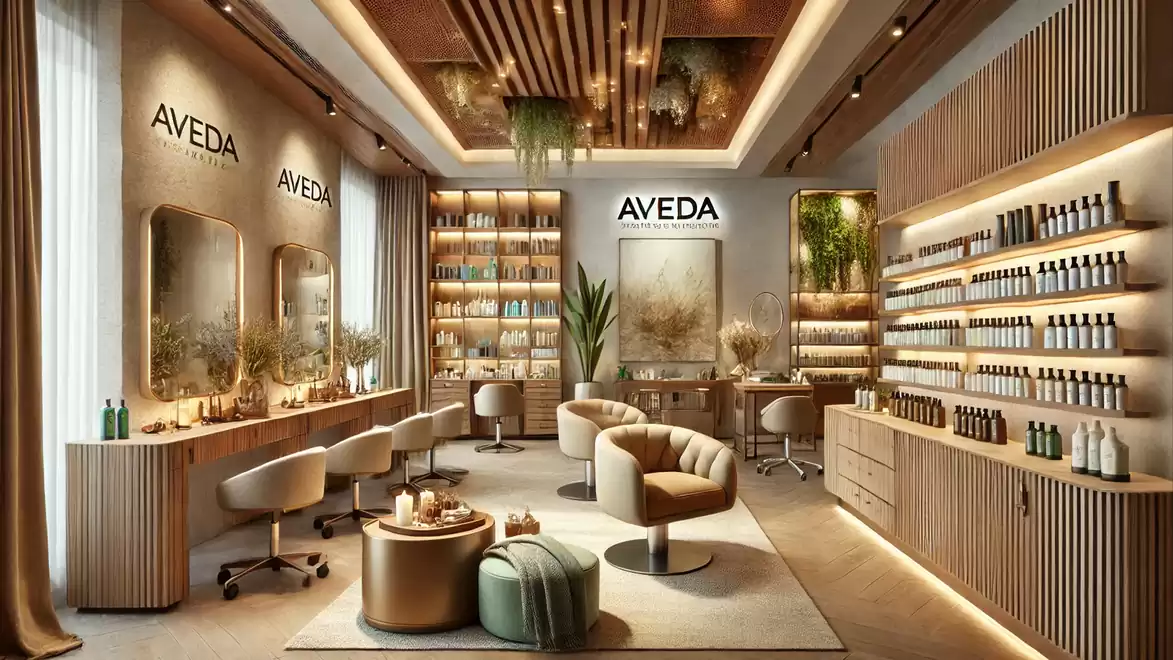 A luxurious hair salon with modern furniture and shelves full of care products. The interior design features warm wooden tones.