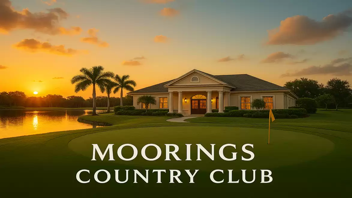 Image of a country club at sunset with a golf course in the foreground and palm trees by the lakeside.