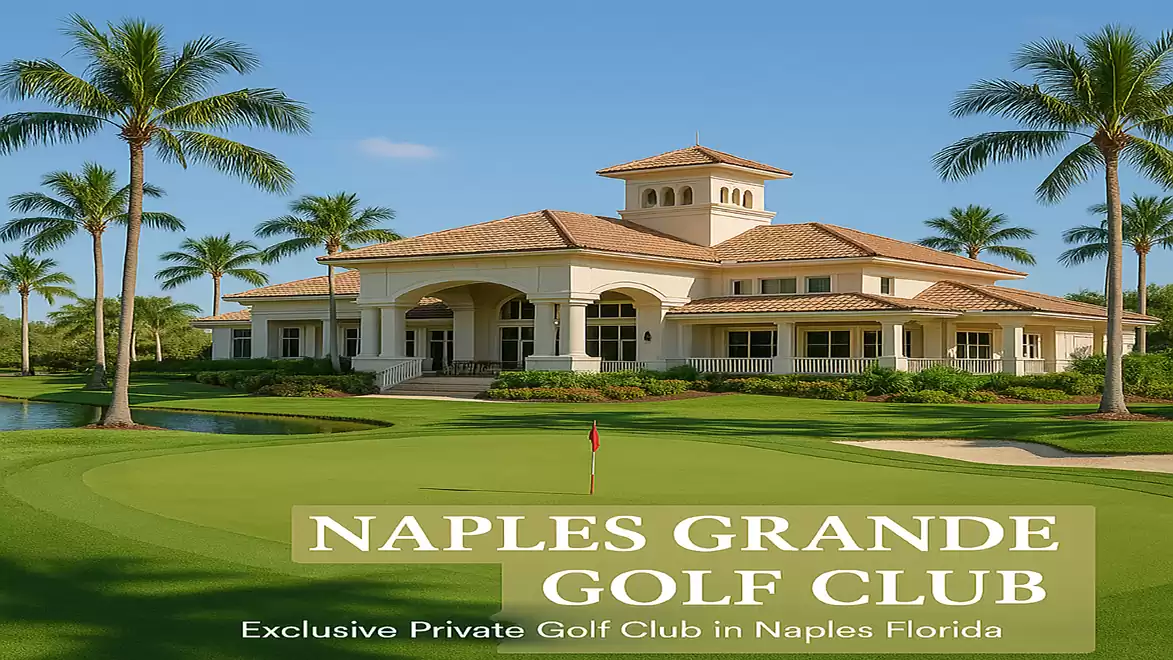 Large golf club with palm trees and manicured lawn, a luxurious clubhouse in the background.