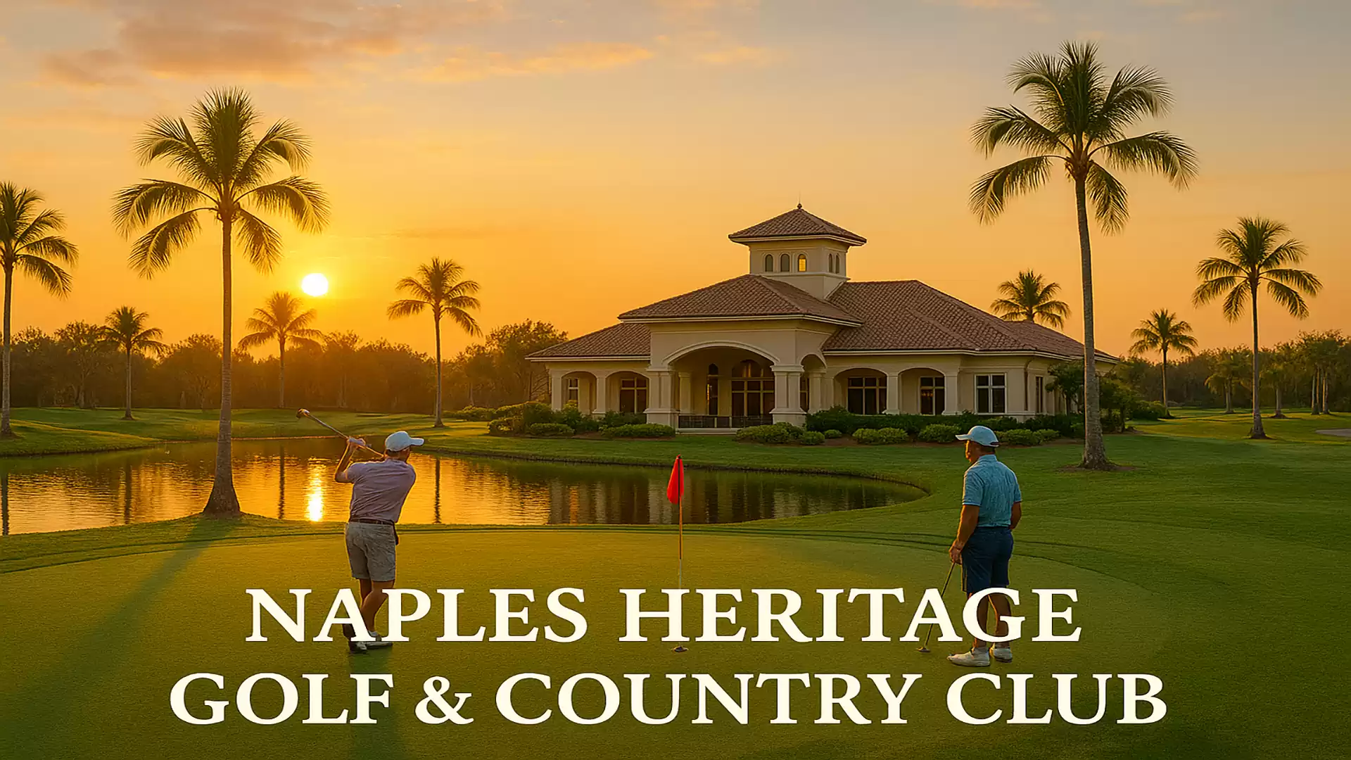 Two golfers on a golf course at sunset with a clubhouse in the background at Naples Heritage Golf & Country Club.