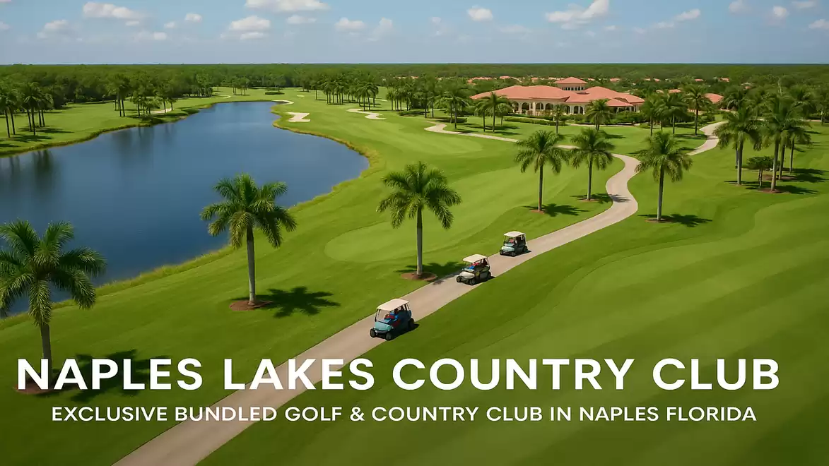 Aerial view of Naples Lakes Country Club featuring a scenic golf course, palm trees, and a small lake. Two golf carts are driving along a path on the edge of the green. A clubhouse is seen in the background.