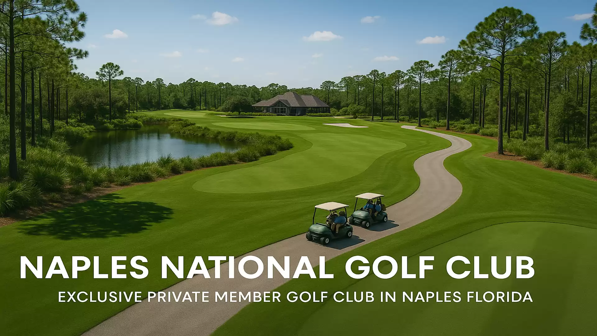 Landscape view of Naples National Golf Club featuring golf carts on the path and a lake in the background, surrounded by lush trees.