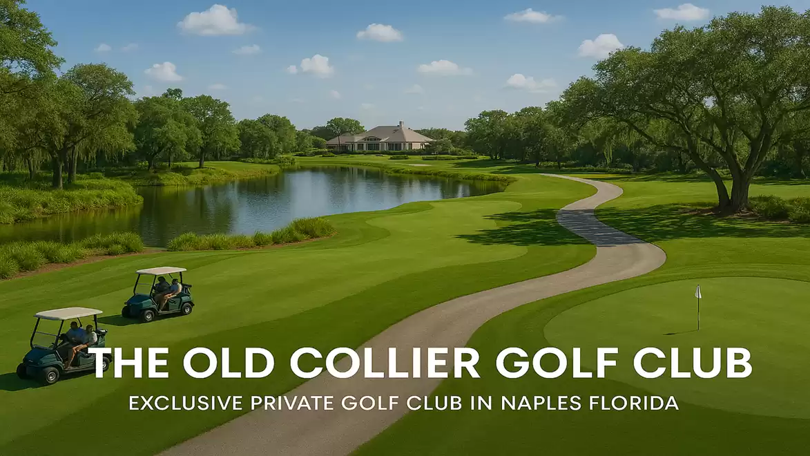 Aerial view of a golf course with a manicured green, a pond, and two golf carts. The Old Collier Golf Club is highlighted as an exclusive private golf club in Naples, Florida.