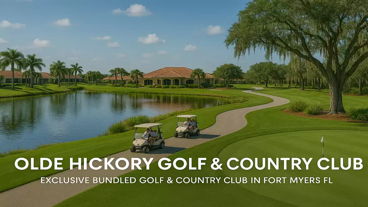Landscape view of the Olde Hickory Golf & Country Club in Fort Myers, Florida, featuring a golf course, lake, and clubhouse in the background.