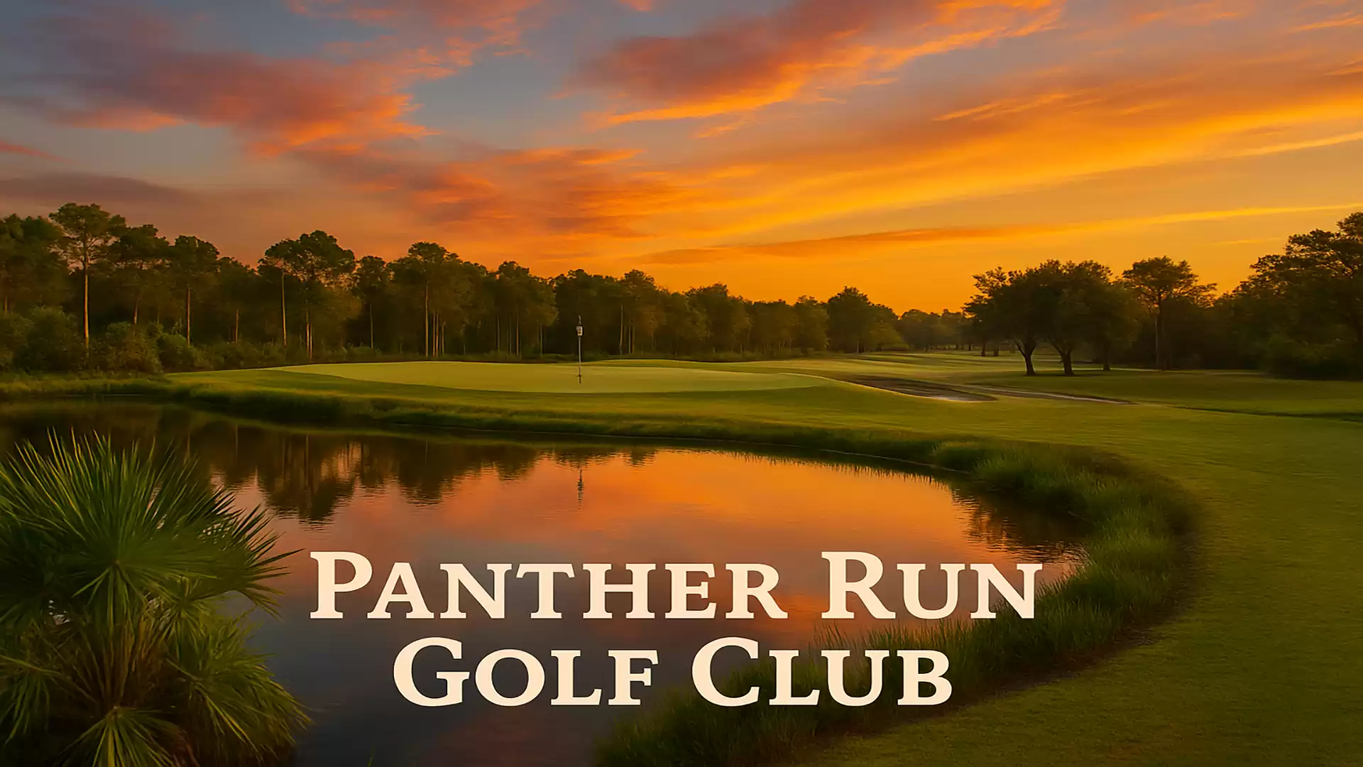 Golf course at sunset with a tranquil lake and trees at Panther Run Golf Club.