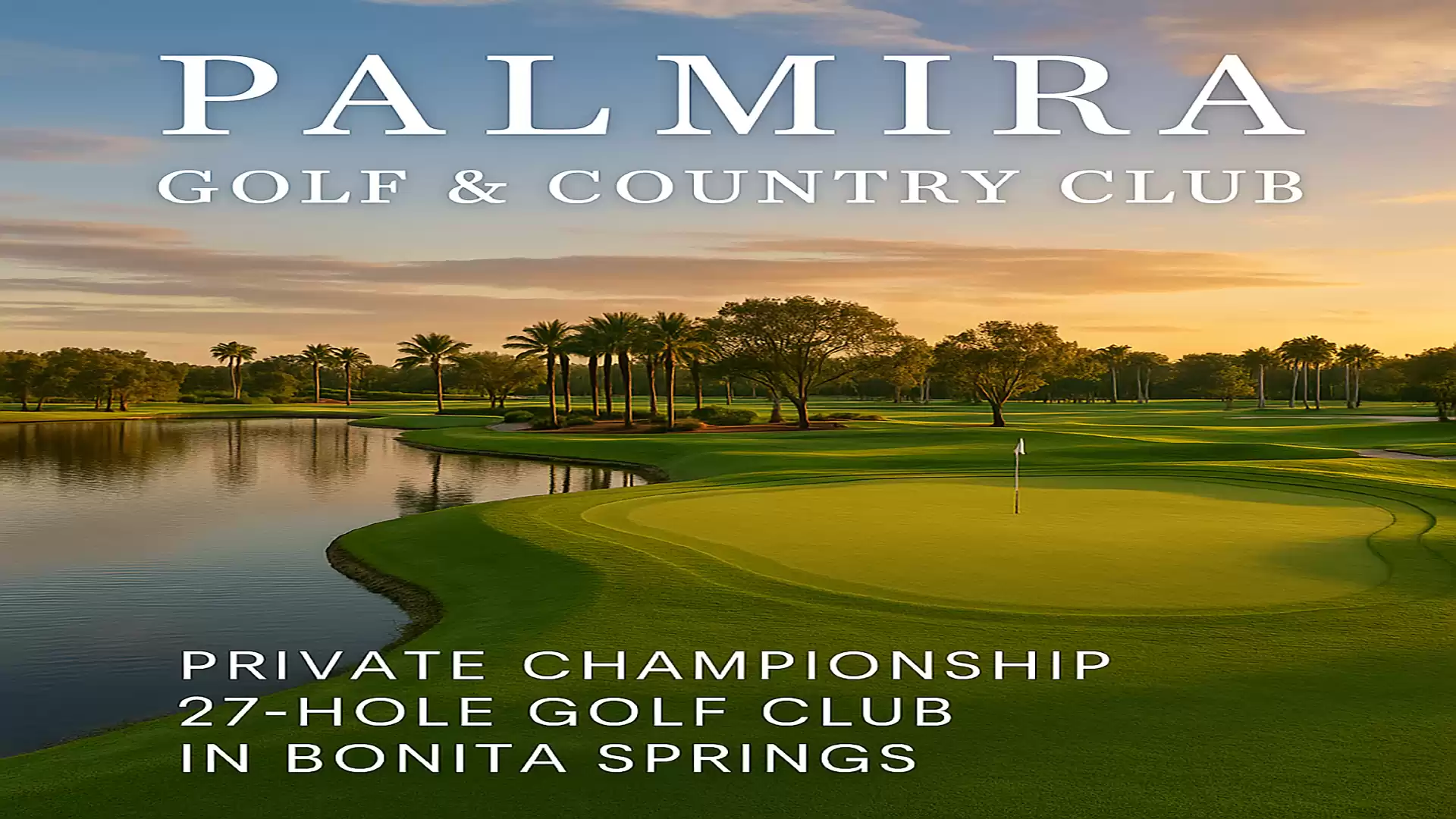 A golf course at sunset with the text 'Palmira Golf & Country Club', a private 27-hole golf club in Bonita Springs.