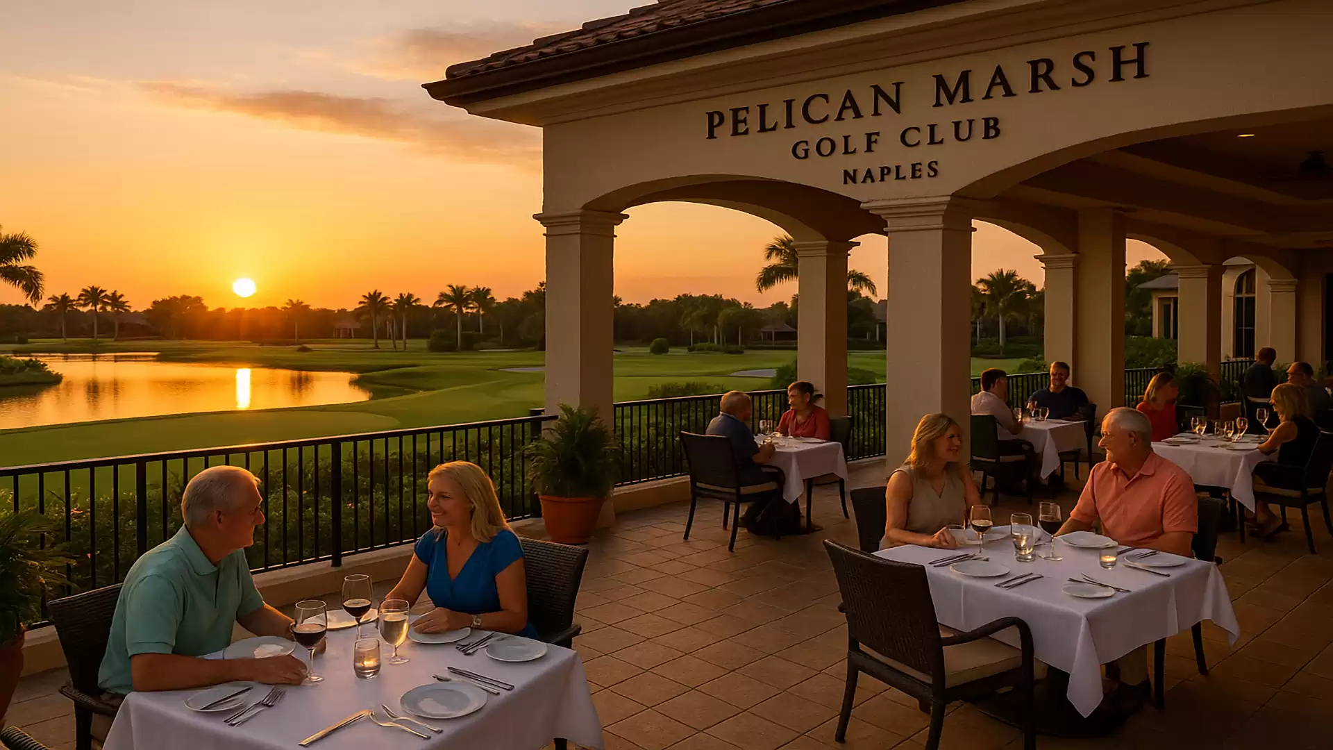 Sunset at Pelican Marsh Golf Club in Naples with people dining outdoors.