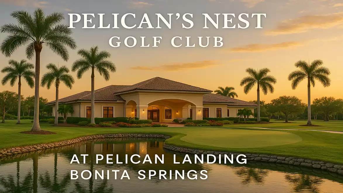 A clubhouse of Pelican's Nest Golf Club at sunset with palm trees and a pond in the foreground.