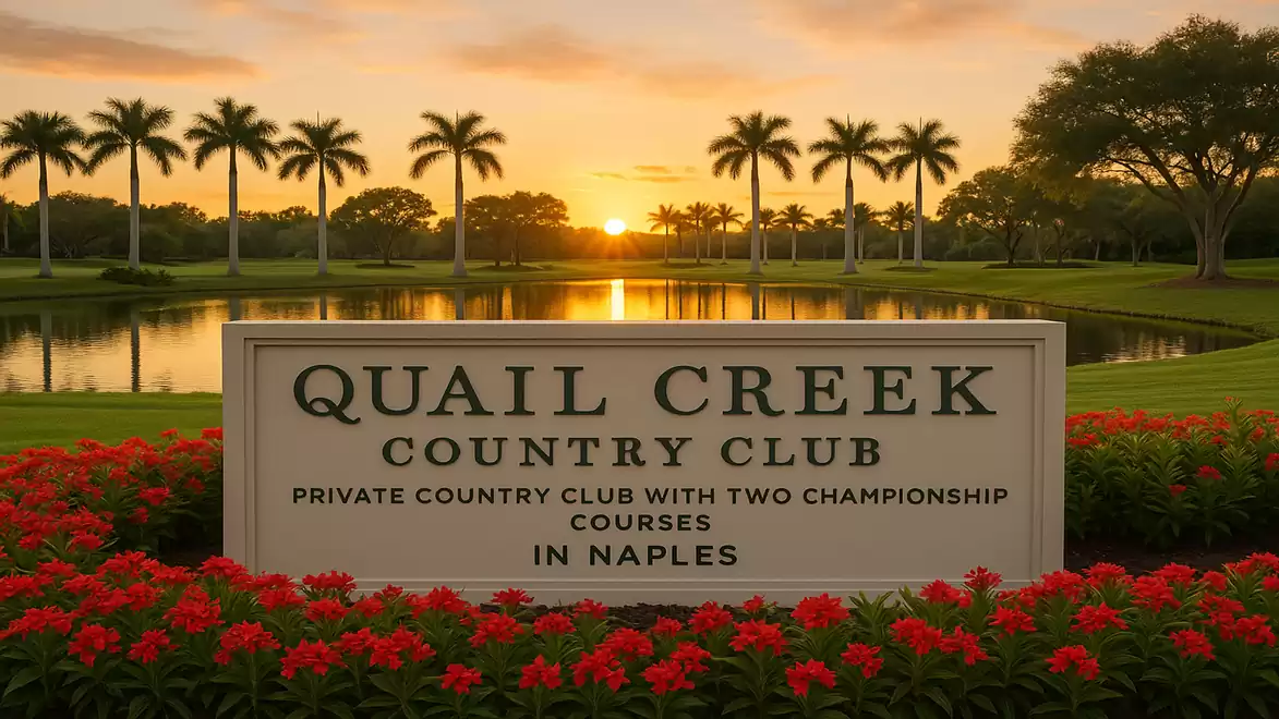 Sunset with palm trees by the lake and a sign for Quail Creek Country Club in Naples.