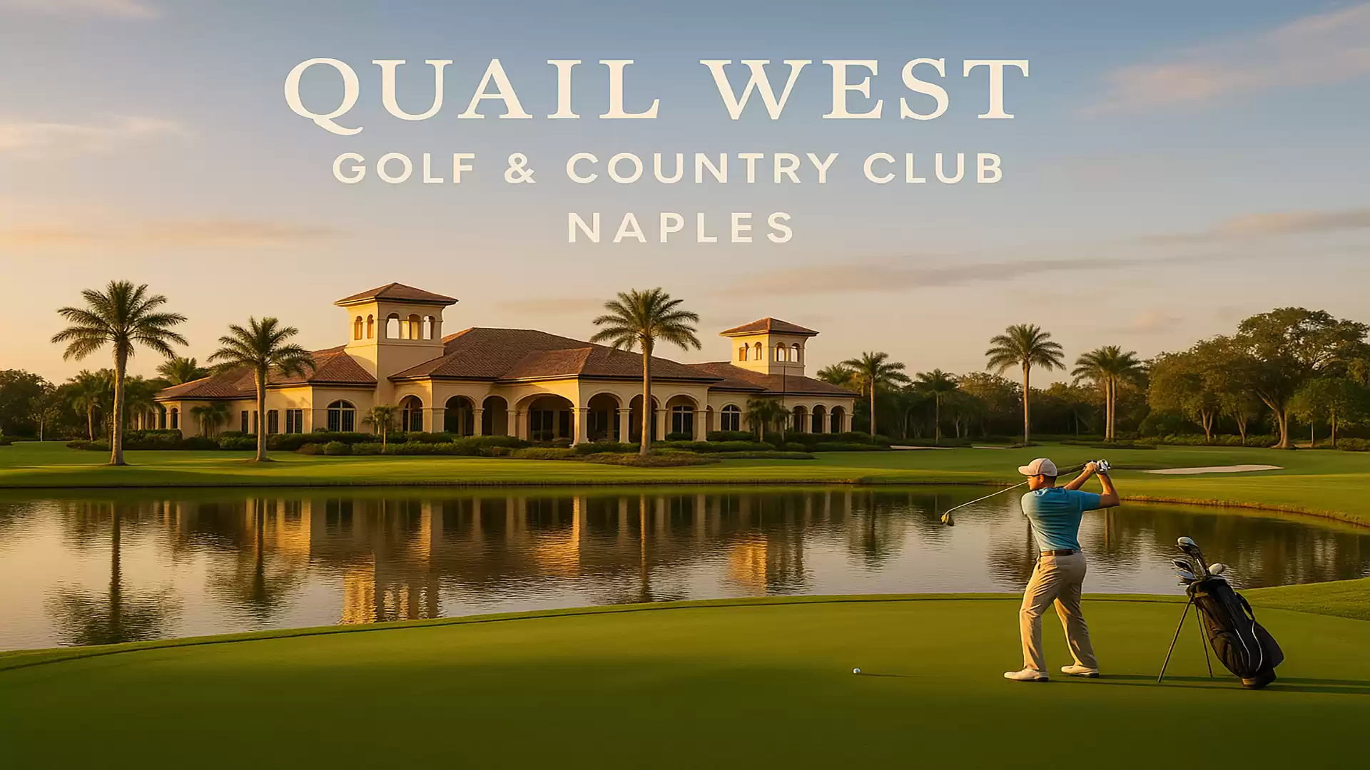 A golfer tees off on the well-manicured green of Quail West Golf & Country Club in Naples. In the background, a luxurious clubhouse surrounded by palm trees and a tranquil pond is visible.