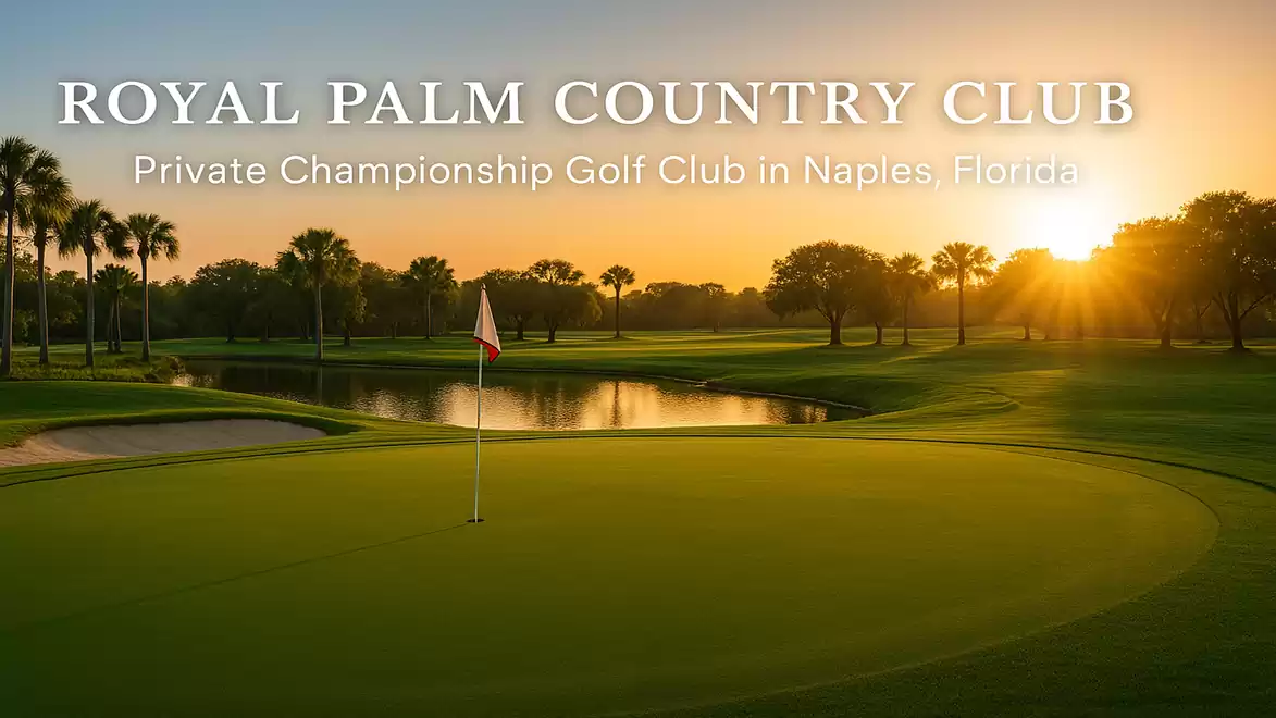 Sunset over a golf course with flag and water hazard, Royal Palm Country Club, Naples, Florida.
