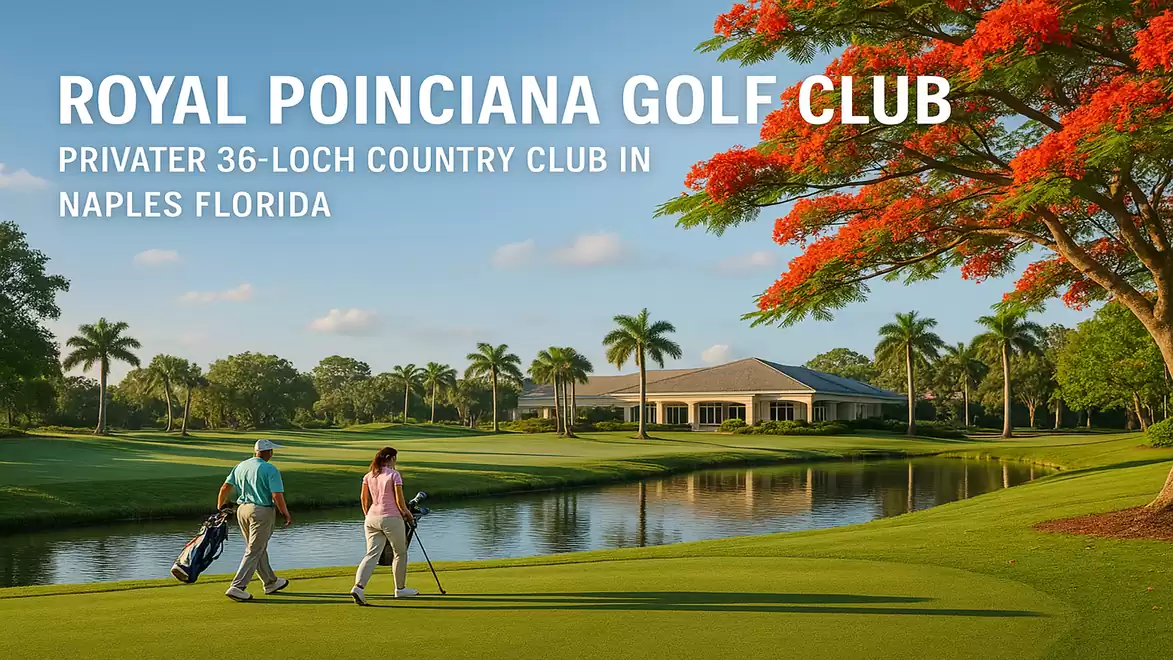 Two people playing golf on a well-maintained golf course at the Royal Poinciana Golf Club in Naples, Florida. The course is surrounded by palm trees and runs along a small lake, with an elegant clubhouse in the background.