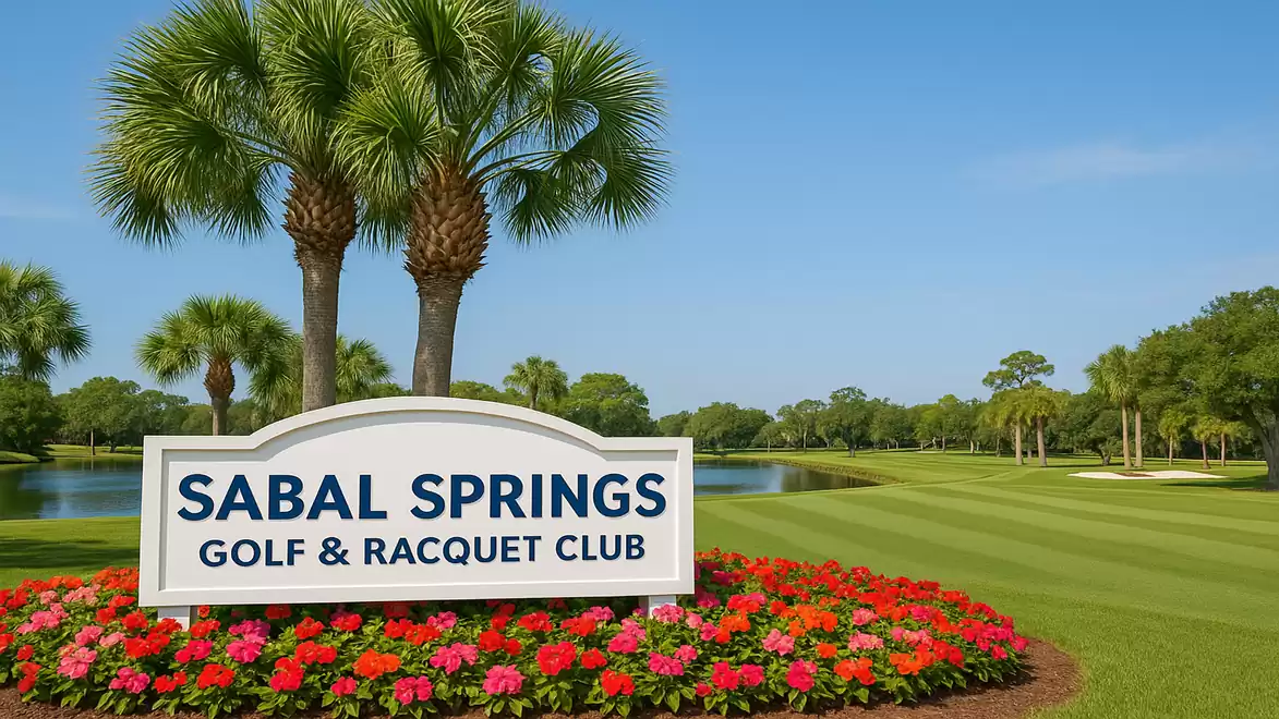 Sign in front of Sabal Springs Golf & Racquet Club with palm trees and a well-maintained lawn in the background.