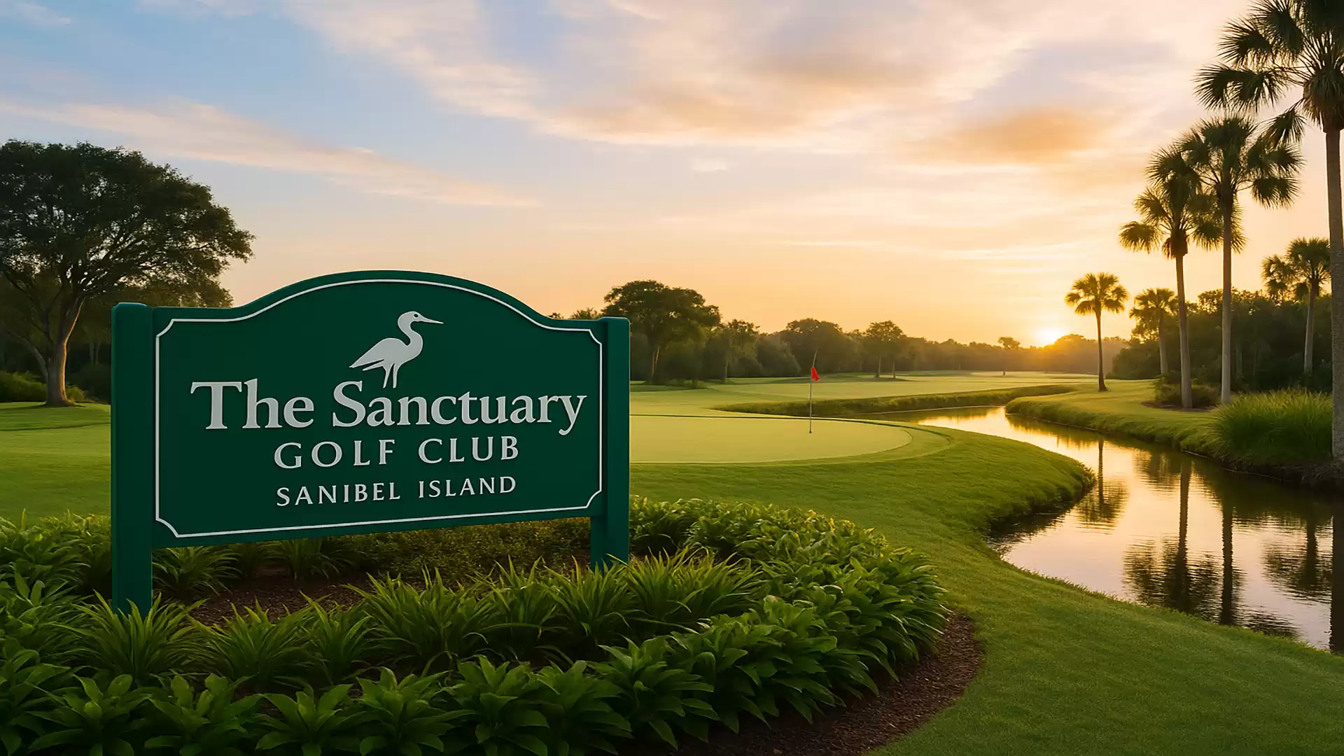 View of the Sanctuary Golf Club on Sanibel Island at sunset, featuring a well-manicured lawn, palm trees, and a clear sky.