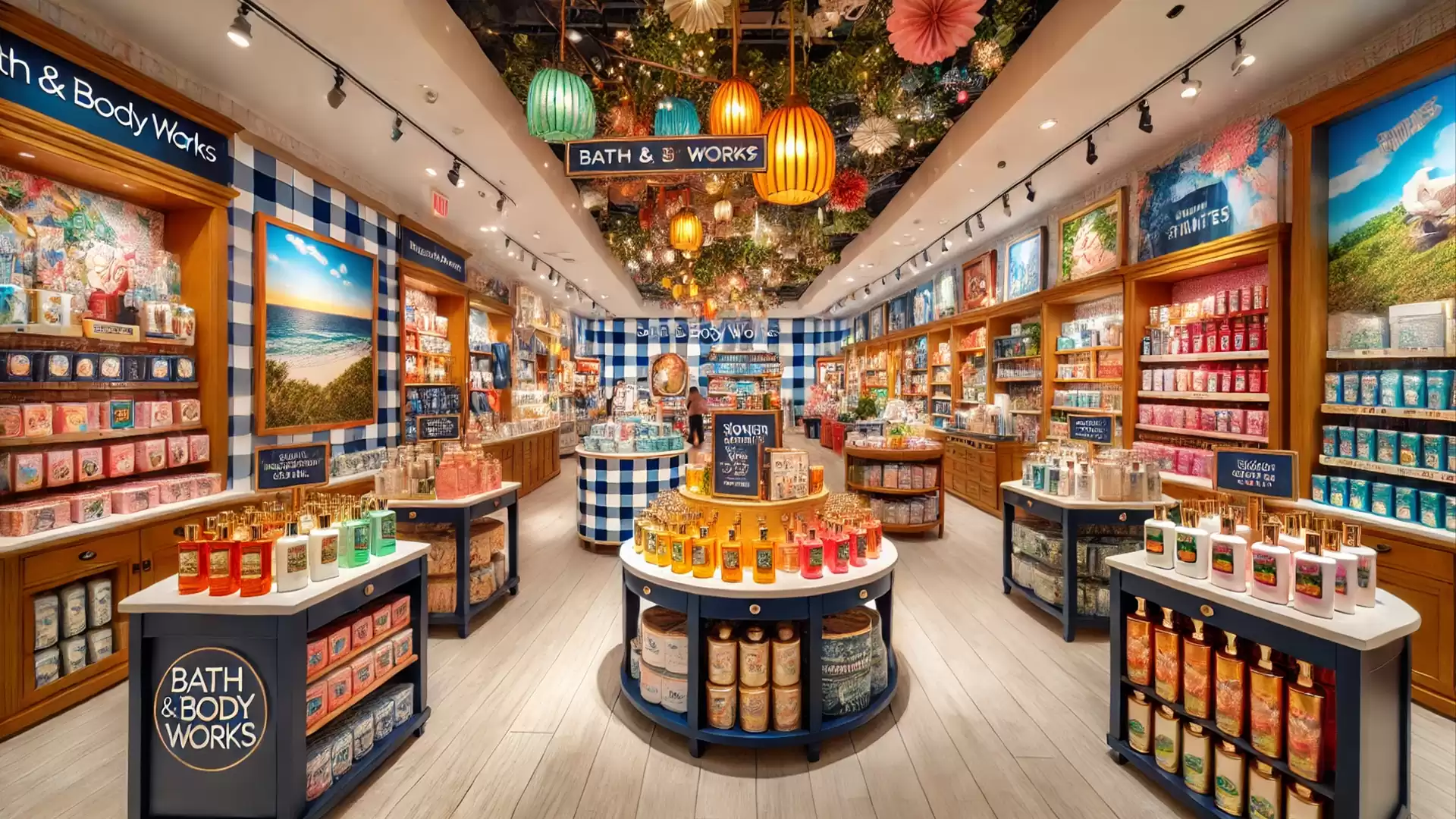 Interior view of a Bath and Body Works store filled with colorful products, decorated with lanterns and flowers on the ceiling.