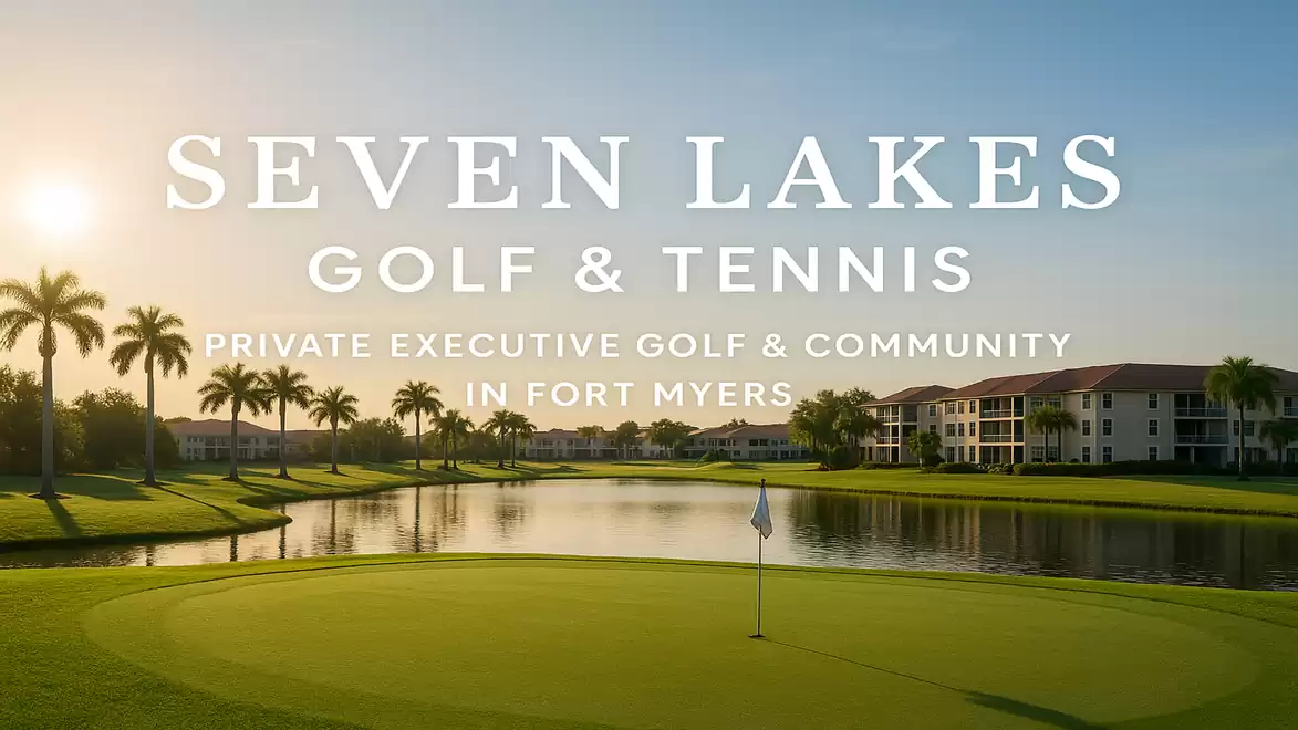 Evening view of a golf course in Fort Myers with a lake and palm trees, advertisement for Seven Lakes Golf & Tennis.