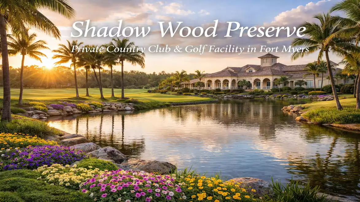 Idyllic golf course at sunset, surrounded by palm trees and colorful flowers, with an elegant clubhouse in the background.