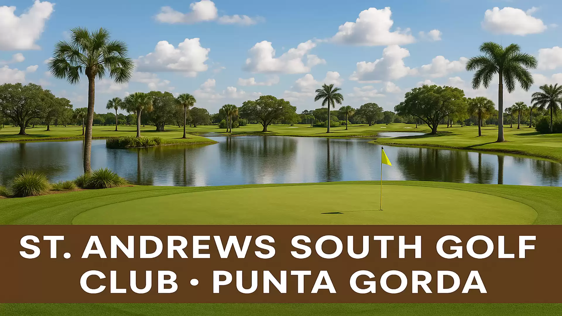 A picturesque golf course view with a lake and palm trees at St. Andrews South Golf Club in Punta Gorda.