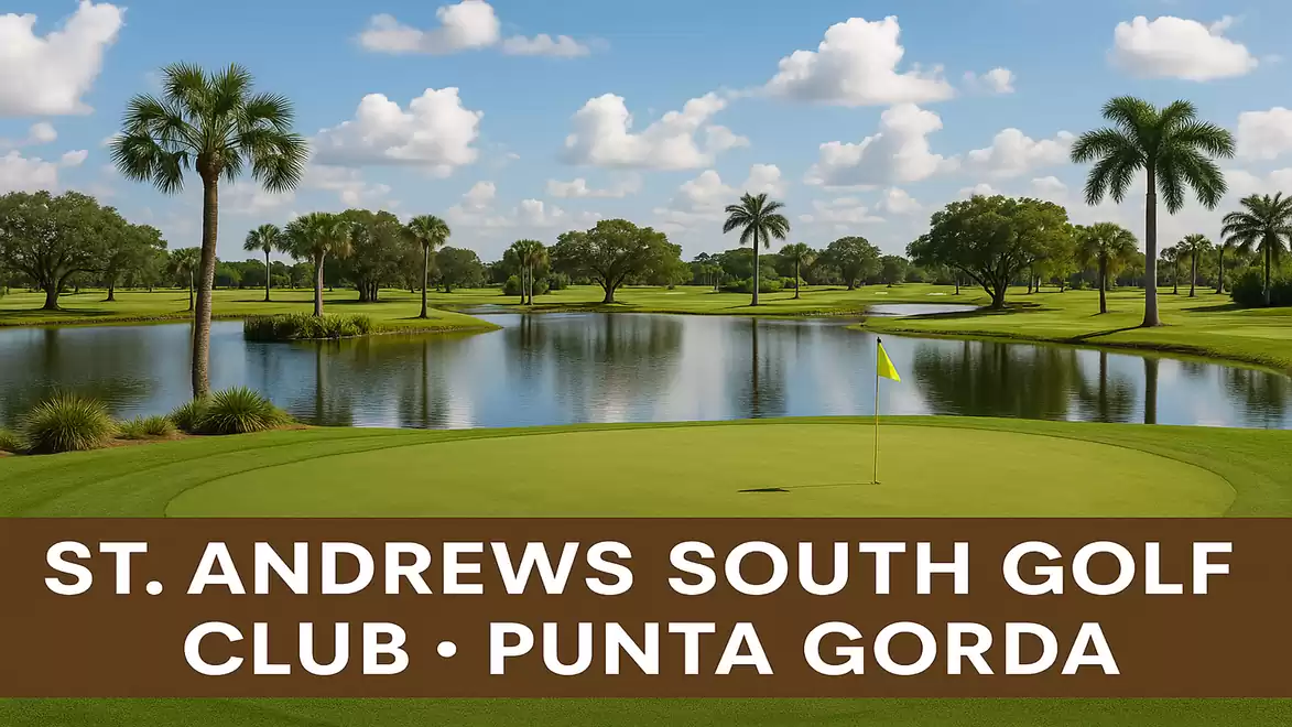 A picturesque golf course view with a lake and palm trees at St. Andrews South Golf Club in Punta Gorda.