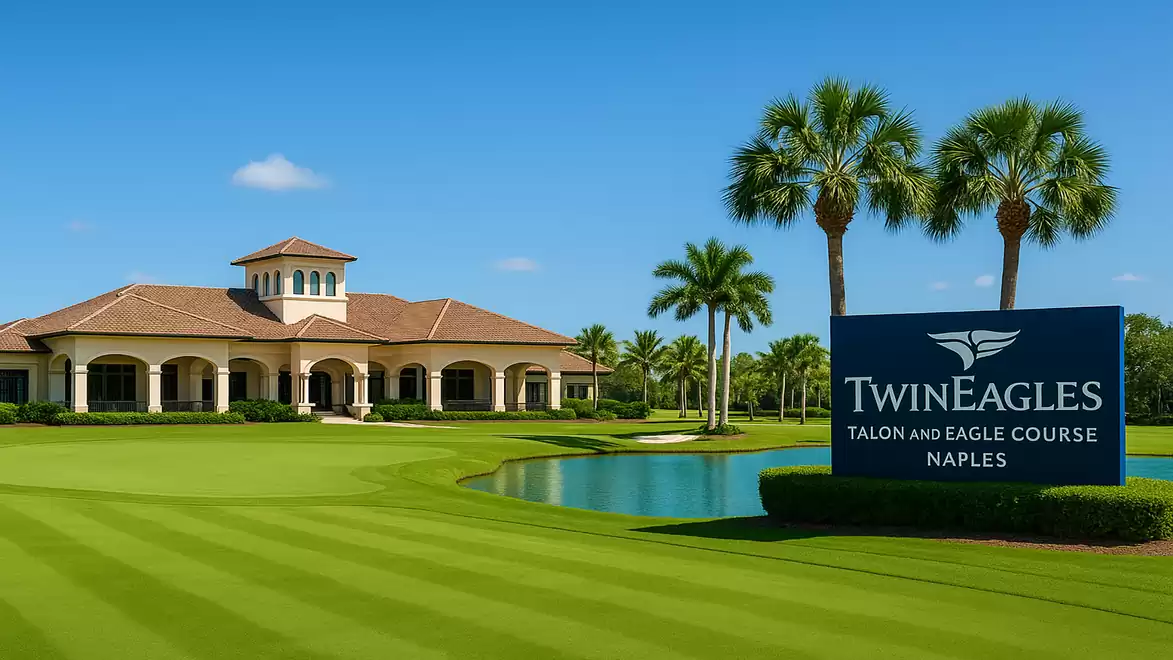A well-maintained golf course area with a clubhouse in the background, palm trees, and a sign indicating the TwinEagles Talon and Eagle Course in Naples.