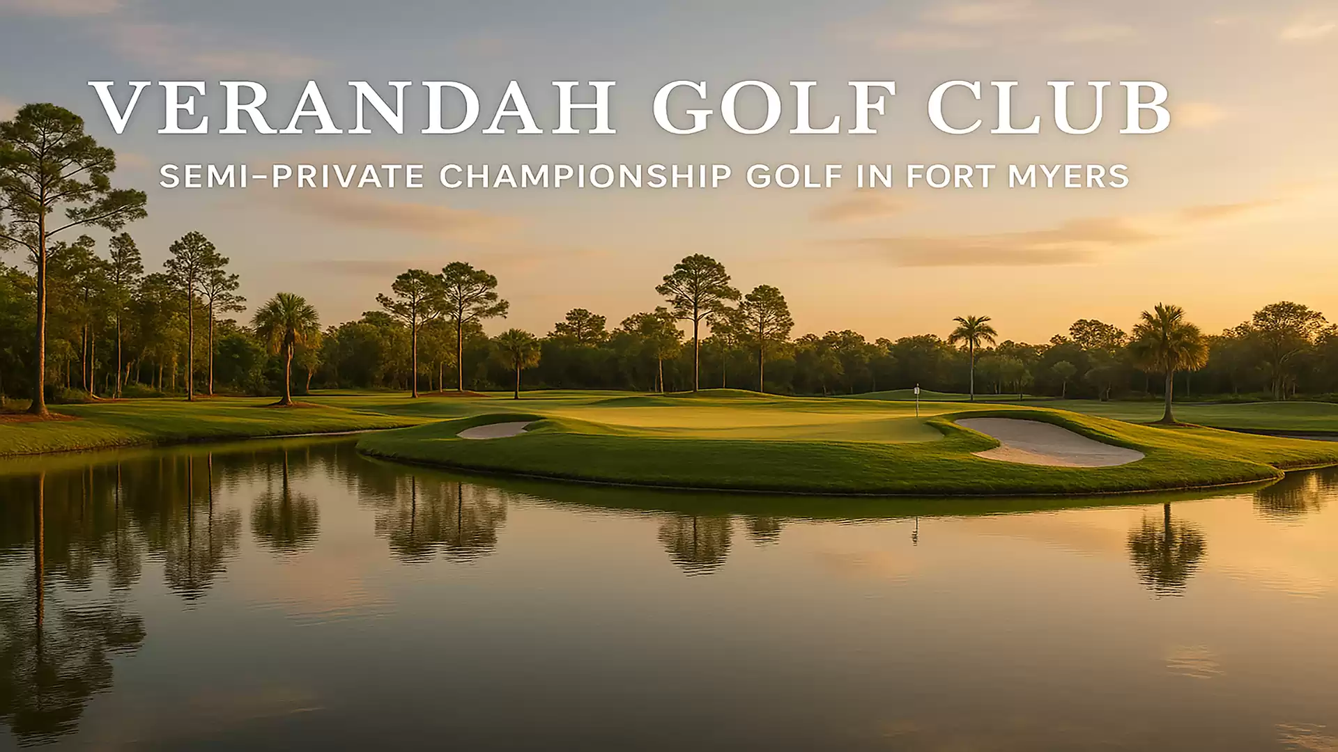 Picturesque golf course landscape at Verandah Golf Club in Fort Myers, surrounded by water and trees at sunset.