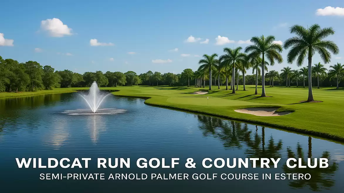Golf course with water fountain and palm trees at Wildcat Run Golf & Country Club in Estero.