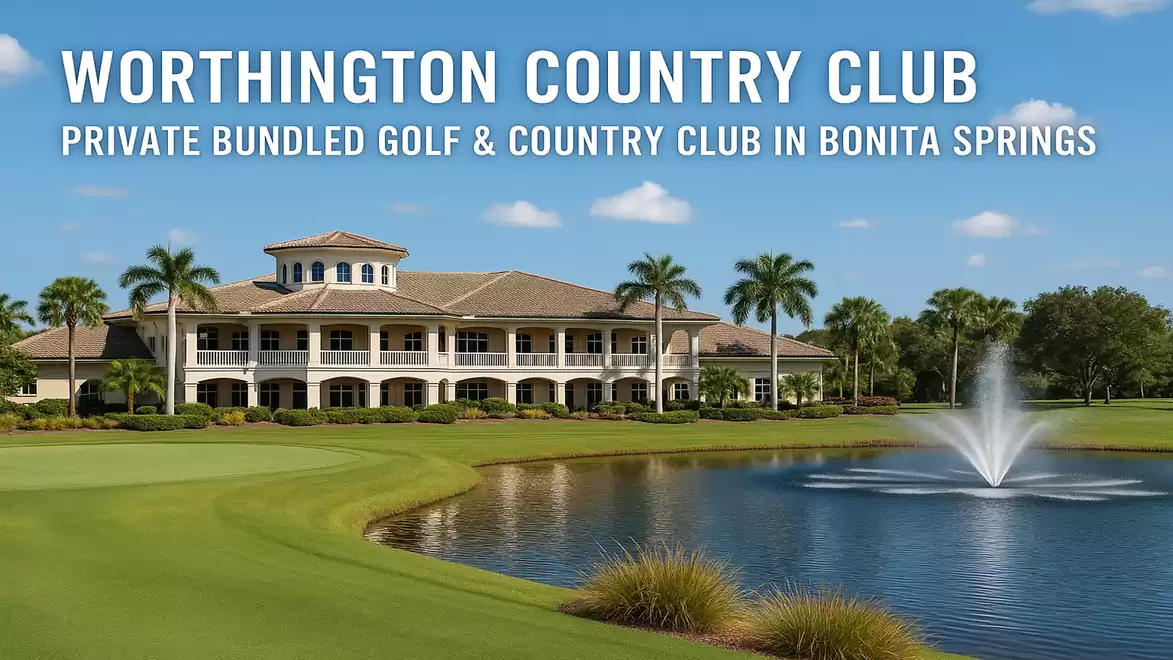 A manicured lawn with a small lake and fountain in front of a clubhouse. Palm trees surround the scene under a blue sky.
