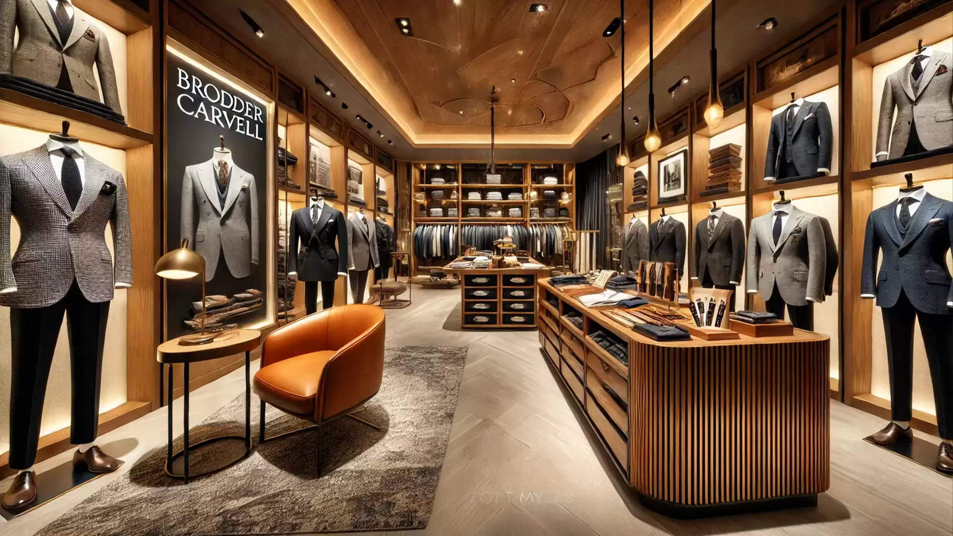 A stylishly lit men's clothing store featuring elegant suits, carefully displayed on mannequins, with a modern, inviting interior.
