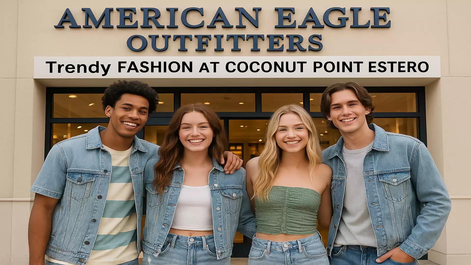 Group of four young adults in fashionable clothing in front of an American Eagle Outfitters store.