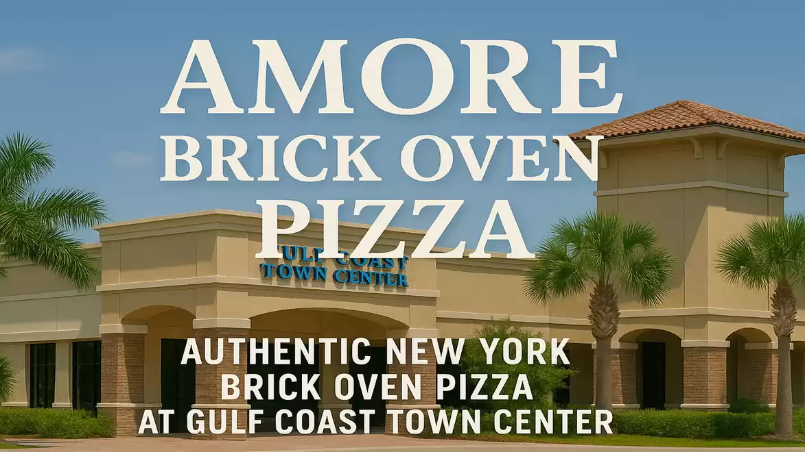 Image of Amore Brick Oven Pizza at Gulf Coast Town Center with palm trees and traditional building.
