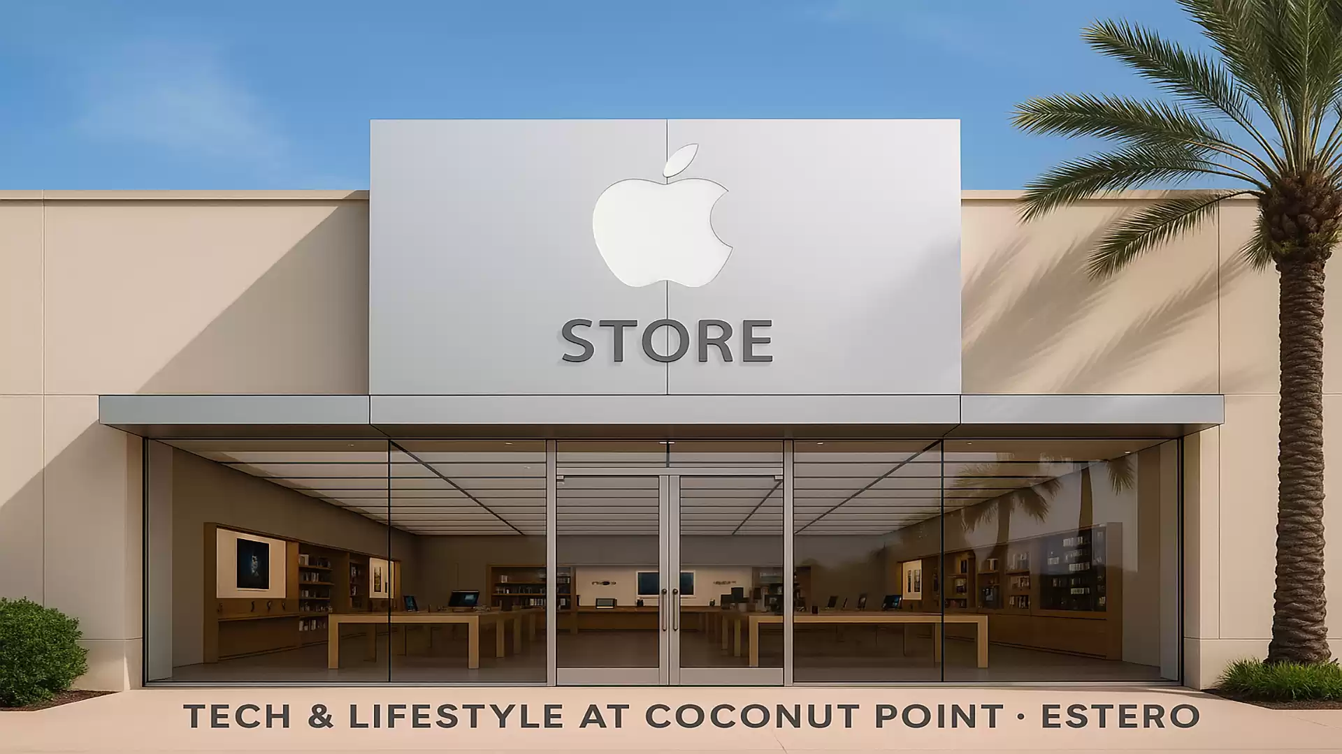 Exterior view of an Apple Store with a glass facade and palm trees in the background, located in a shopping center.