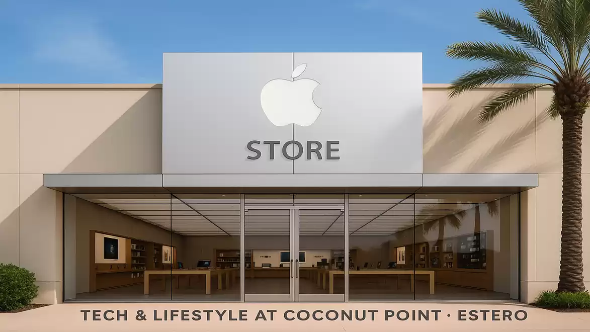 Exterior view of an Apple Store with a glass facade and palm trees in the background, located in a shopping center.