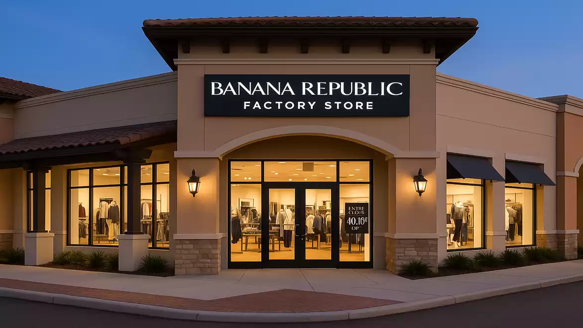 Exterior view of a Banana Republic Factory Store in the evening with illuminated display windows.