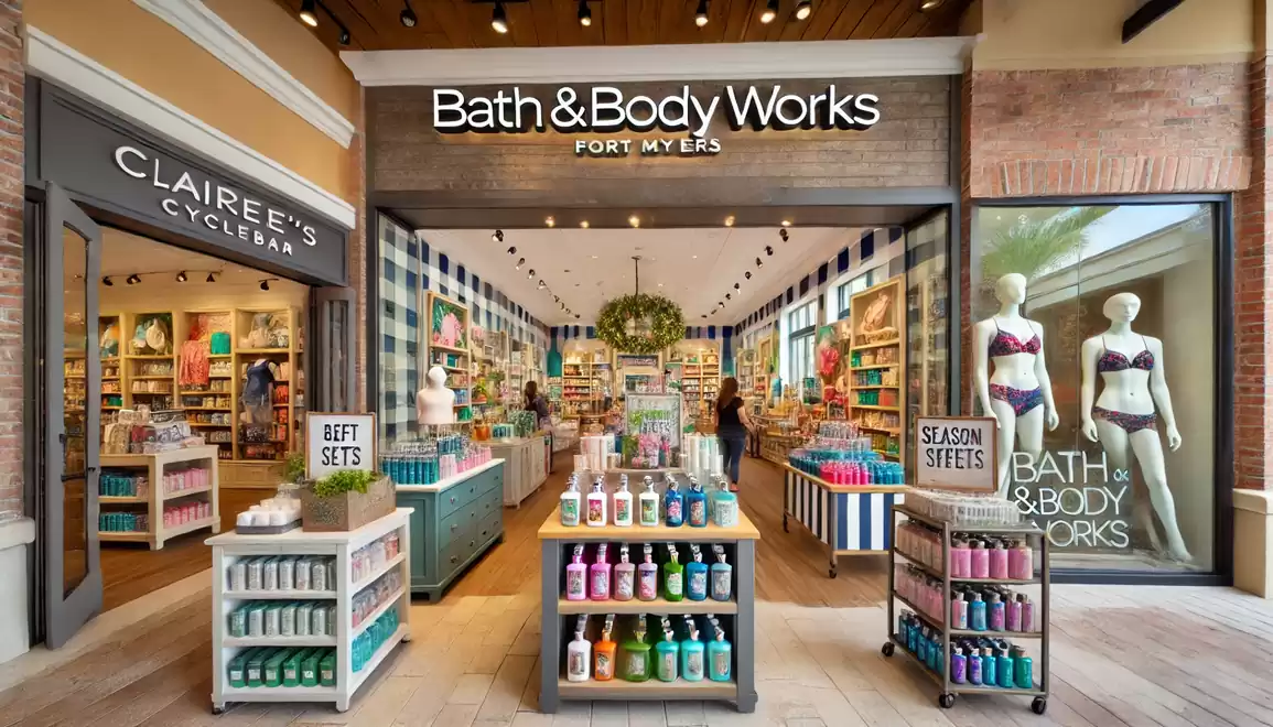 A Bath & Body Works store with an inviting storefront and beauty products displayed on tables. In the background, various shelves with colorful body care items can be seen.