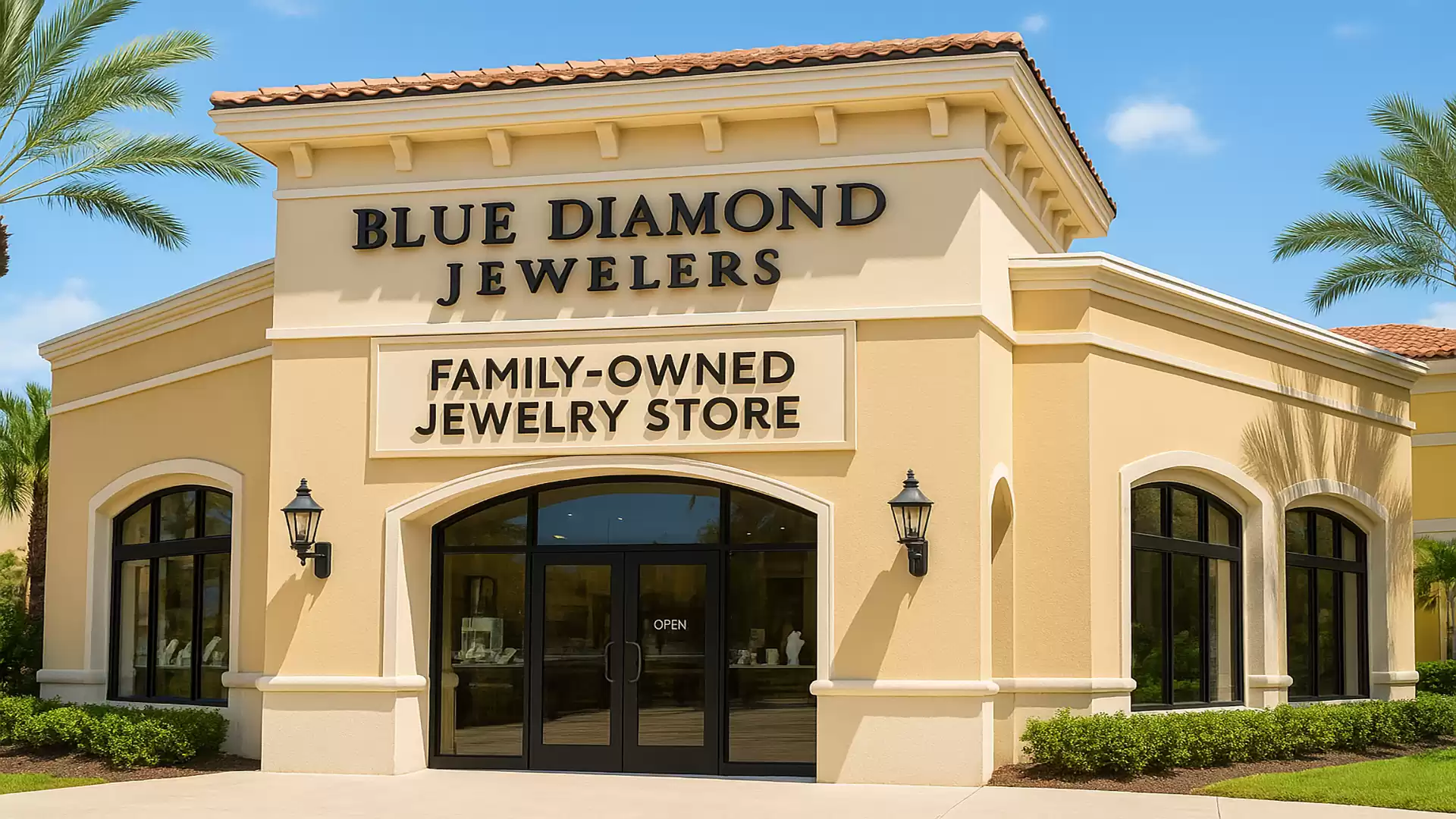 Image shows a yellow-beige store building with the sign 'Blue Diamond Jewelers' and 'Family-Owned Jewelry Store'. In front of the store are palm trees and a well-maintained green area.