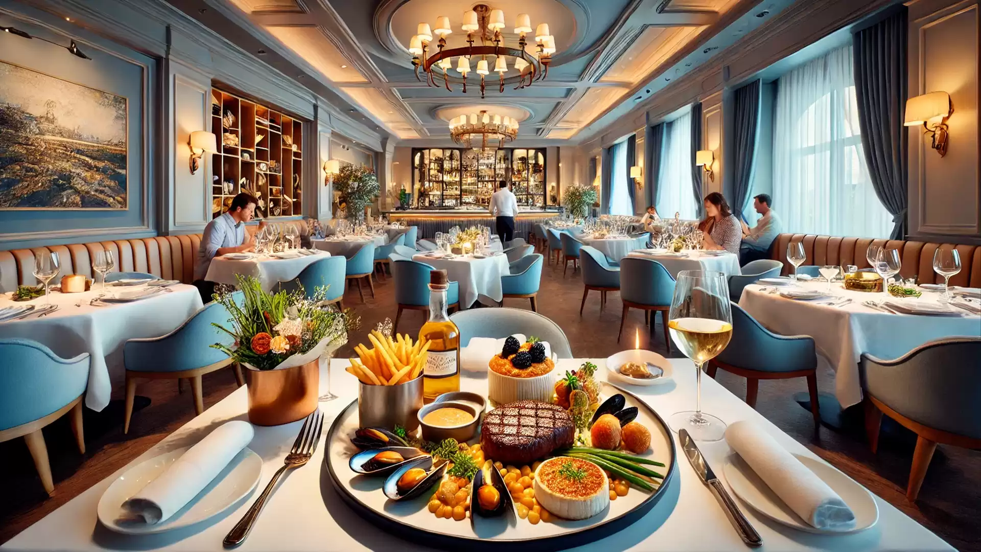 An elegant restaurant with stylishly set tables and a plate full of gourmet food in the foreground.