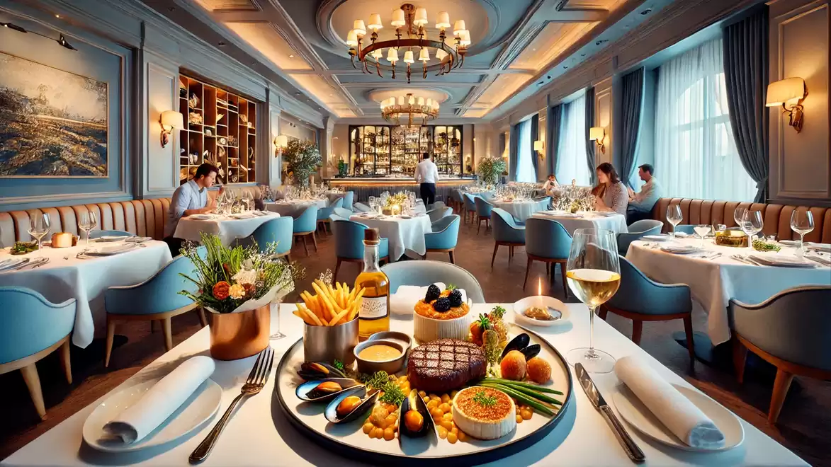 An elegant restaurant with stylishly set tables and a plate full of gourmet food in the foreground.