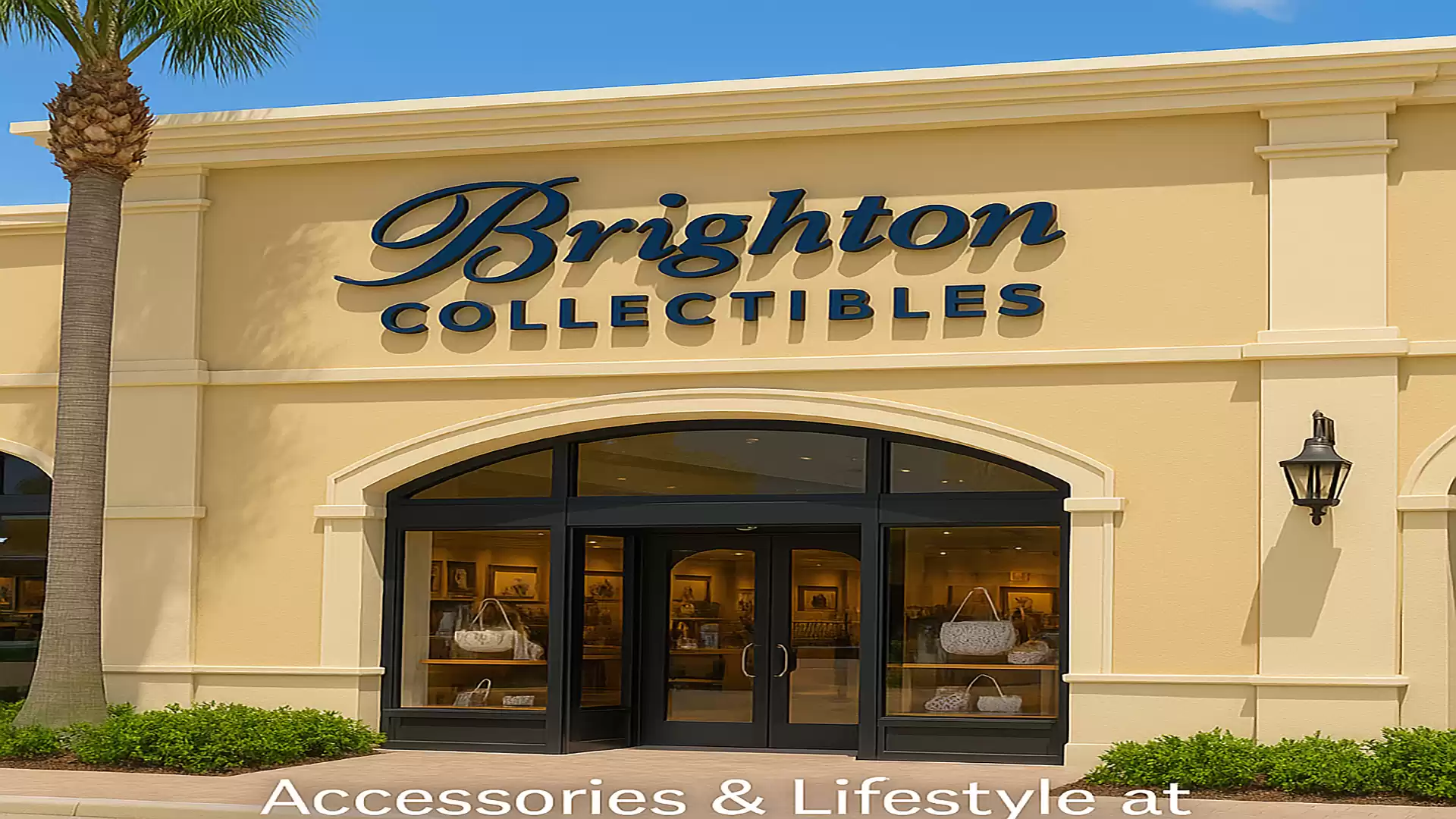 Exterior view of a Brighton Collectibles store with an elegant facade and well-lit storefront in a shopping center.