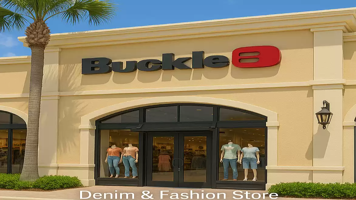 Entrance of a clothing store with large windows and mannequins displaying fashionable clothing under a blue sky.