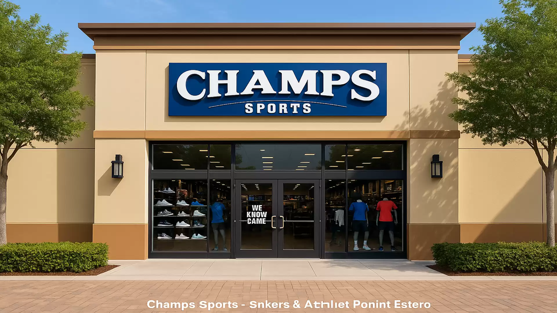 Entrance of a Champs Sports store with visible display windows filled with shoes and clothes, surrounded by well-maintained landscaping.