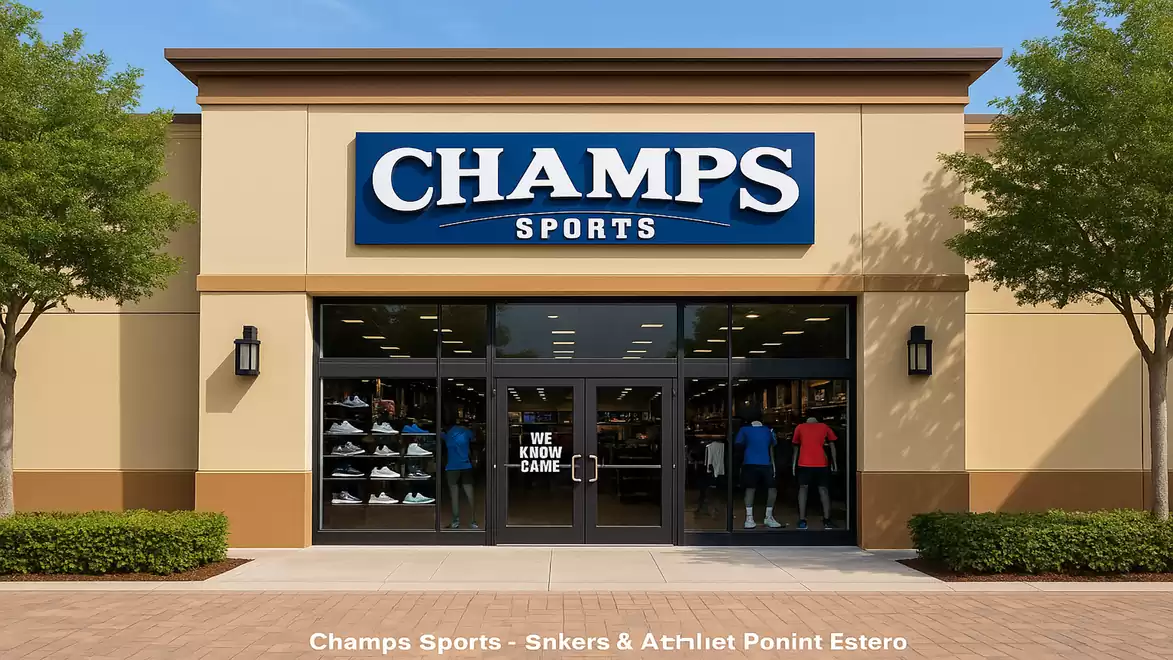 Entrance of a Champs Sports store with visible display windows filled with shoes and clothes, surrounded by well-maintained landscaping.