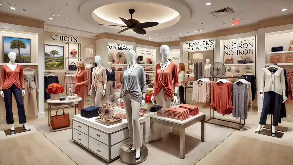 Modern clothing store with mannequins in stylish clothing, brightly lit interior, and decorative wall design.