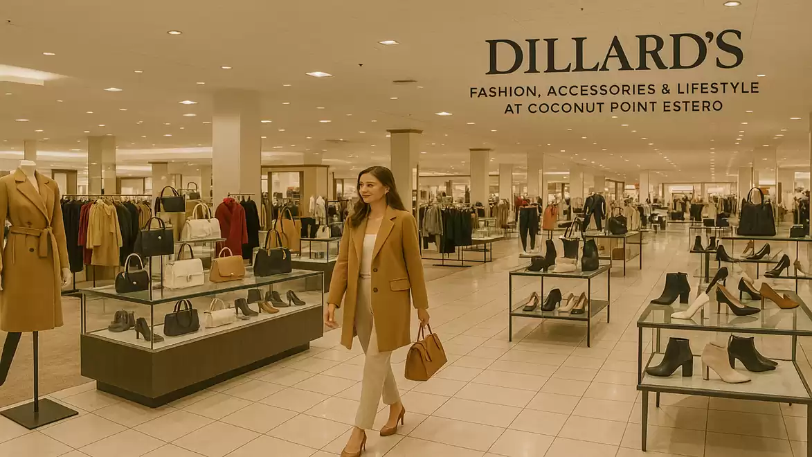 Woman in a beige outfit walks through an upscale department store filled with clothing and accessories.