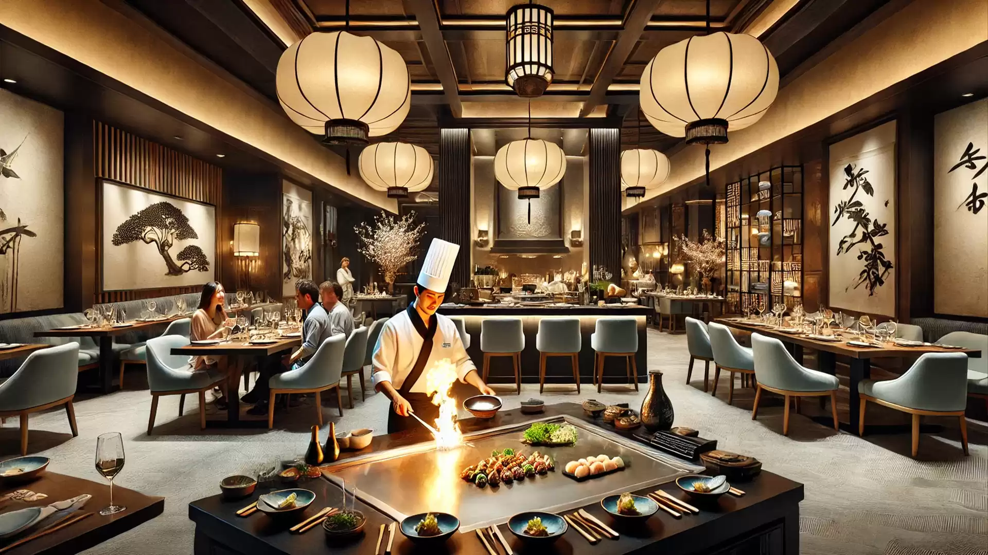 Elegant restaurant with a chef performing a flambé show at a table grill. Guests enjoy the upscale ambiance with Asian design and large hanging lamps.