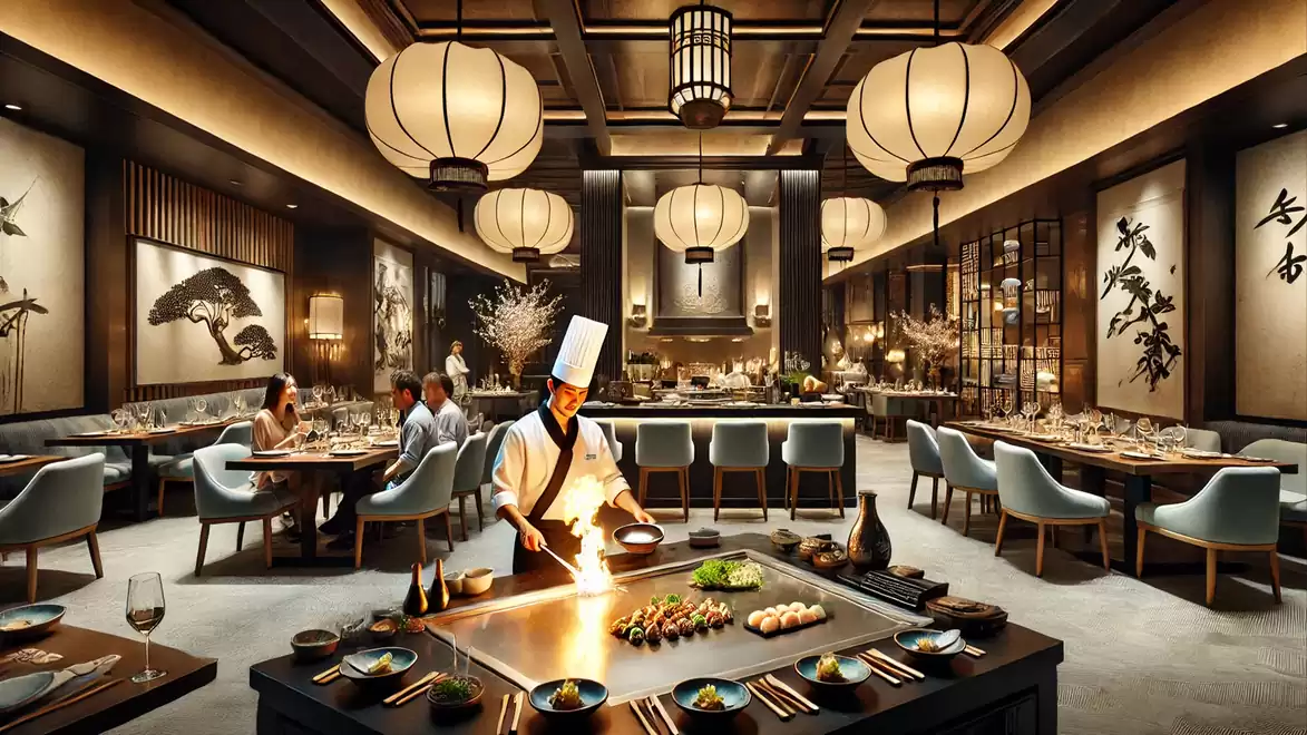 Elegant restaurant with a chef performing a flambé show at a table grill. Guests enjoy the upscale ambiance with Asian design and large hanging lamps.