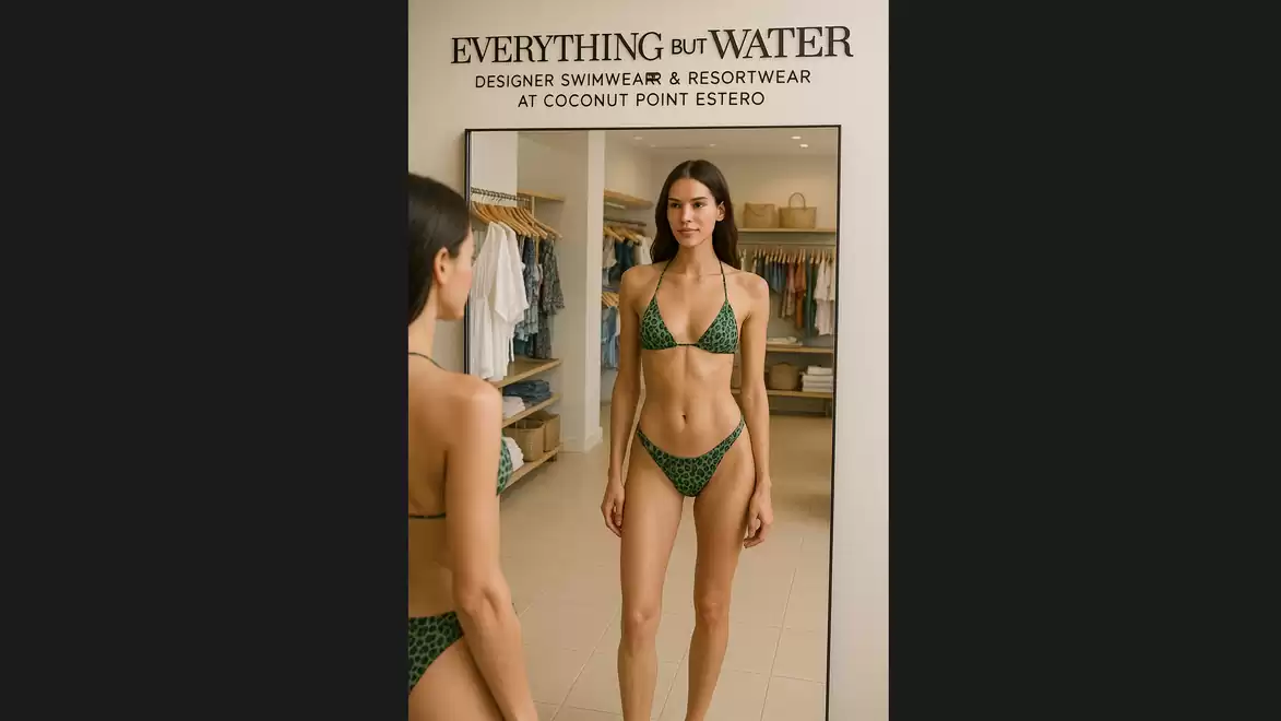 Woman looks at her reflection in a swimwear store