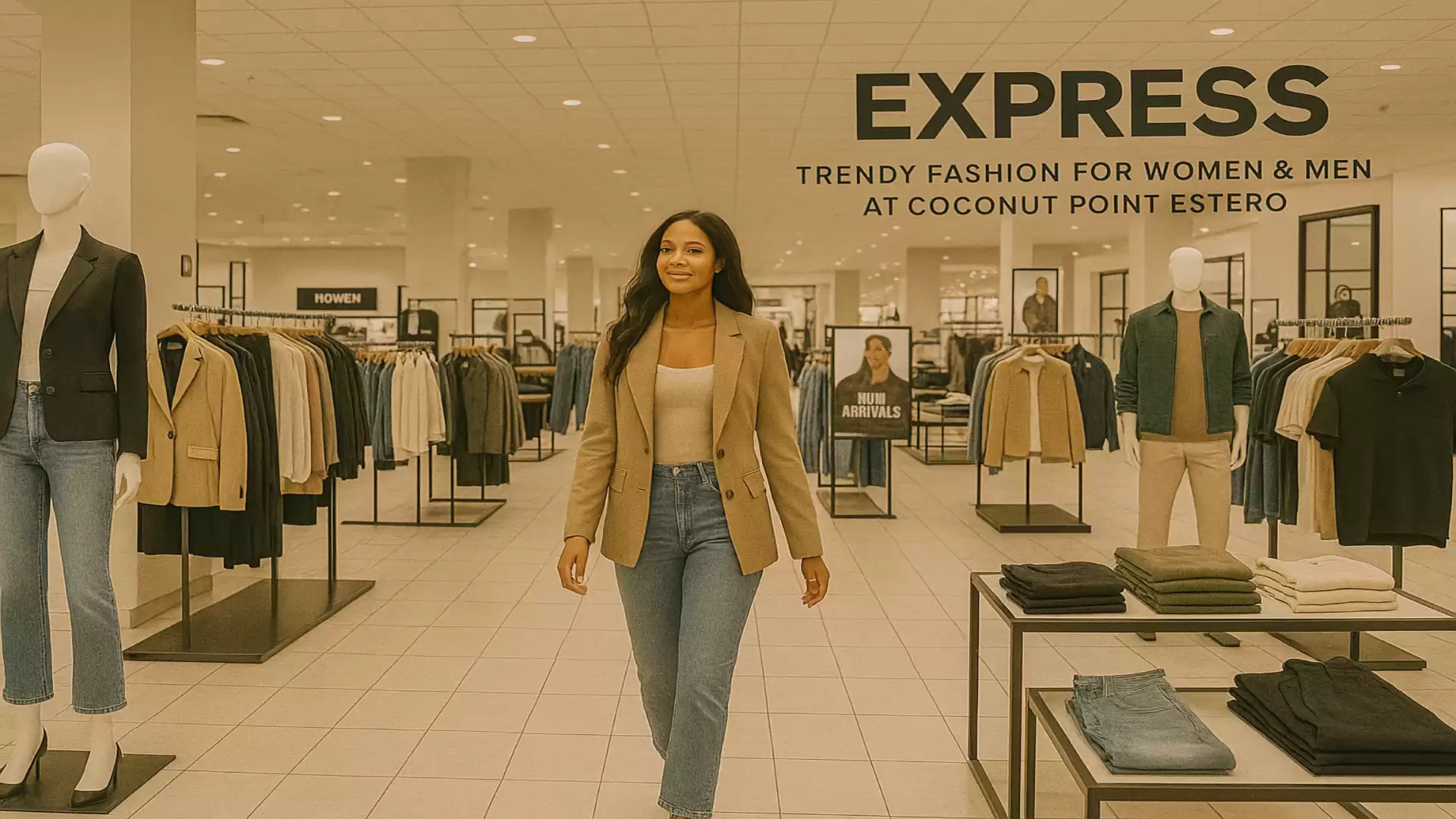 Woman in a modern fashion store by Express. She is wearing a stylish jacket and jeans.