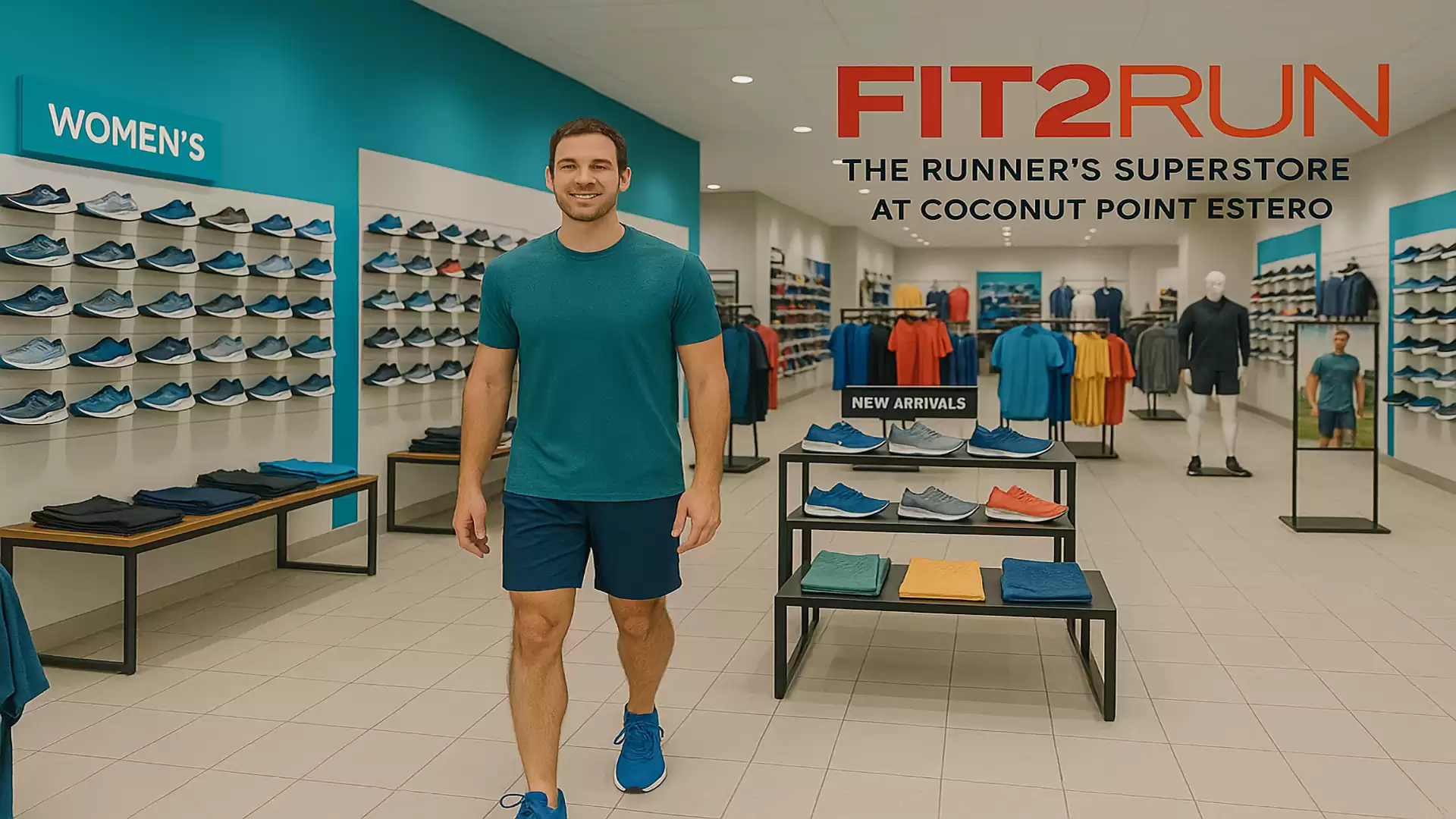 A man in sportswear stands in a sports store surrounded by shoes and clothing, with the sign 'FIT2RUN' in the background.